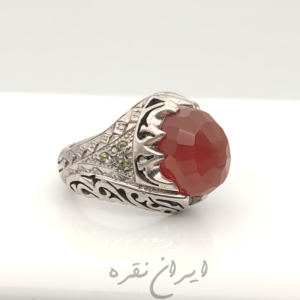 انگشتر نقره دستساز عقیق یمنی شبکه و مخراج کاری شده